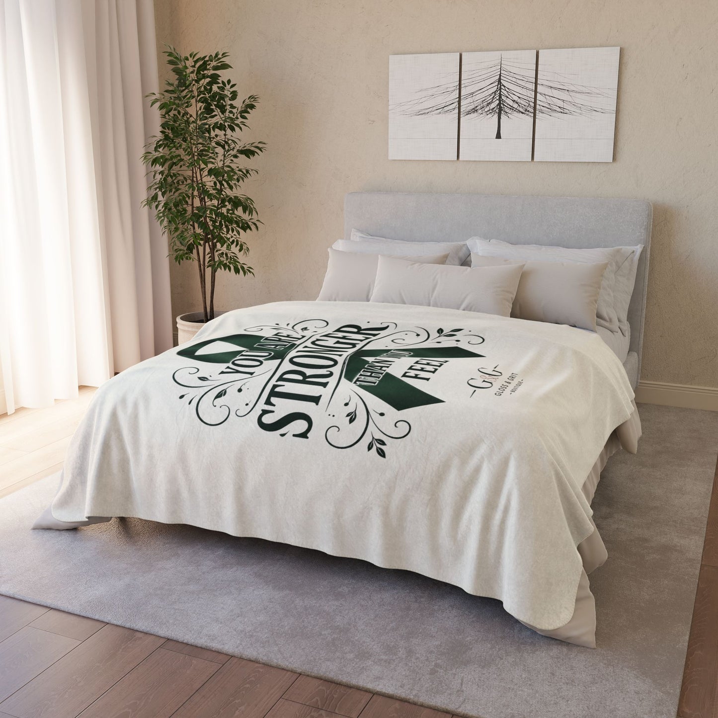 Awareness Fleece Sherpa Blanket — "You Are Stronger Than You Feel" Green Ribbon inspirational Gift