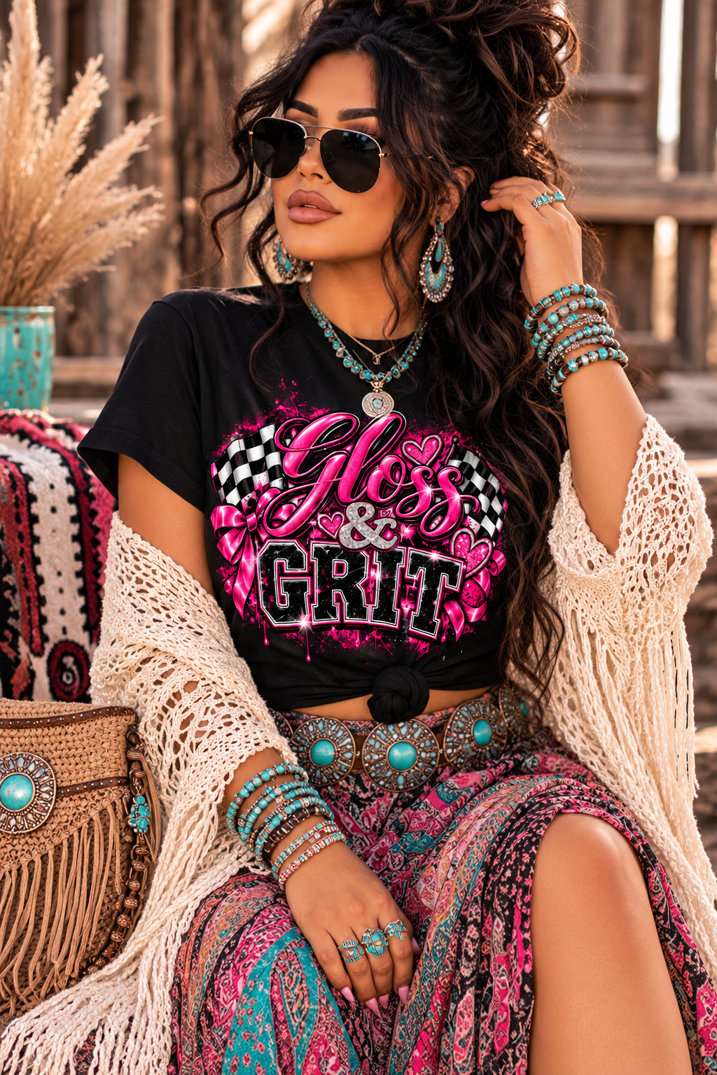Gloss & Grit Signature Graphic Tee | Pink Racing Glam